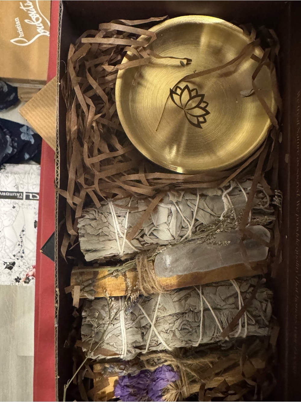 Sage Smudge Bundle Set with Lotus Brass Dish and Clear Quartz